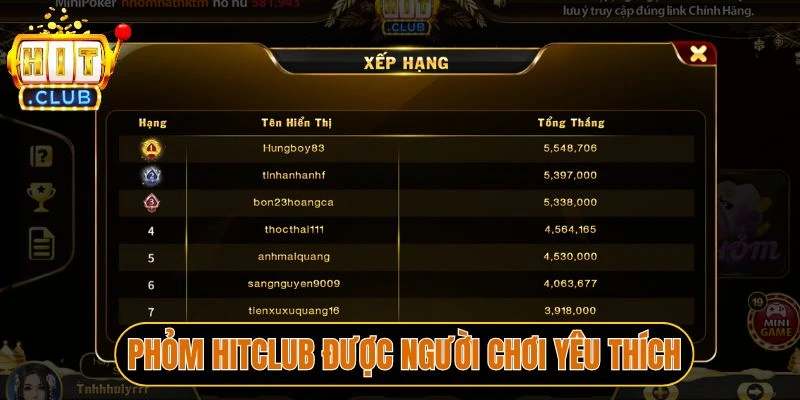 Phỏm Hitclub được người chơi yêu thích