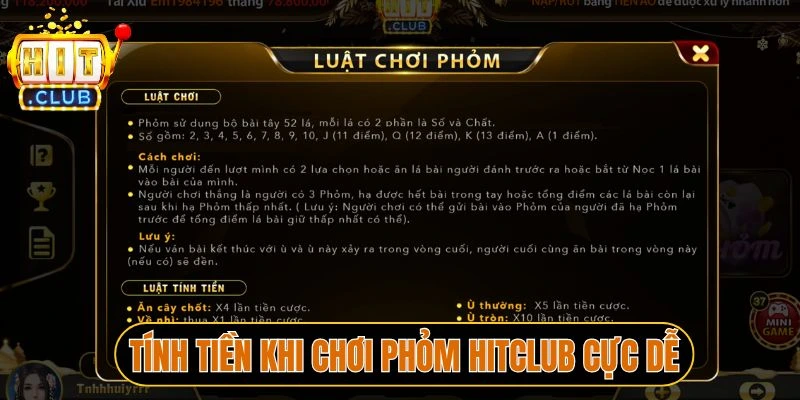Tính tiền khi chơi Phỏm Hitclub cực dễ